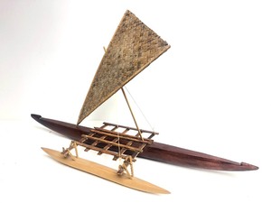 lot 343 image: Large Old Vintage Hand Carved Wood Polynesian Outrigger Boat Model