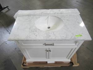 lot 211 image: Home Decorators Collection Windlowe 37 in. W x 22 in. D x 35 in. H Bath Vanity in White with Carrera Marble Vanity Top in White with White Sink 15101-VS37C-WT