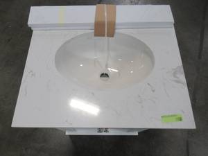 lot 215 image: Home Decorators Collection Lamport 25 in. x 22 in. Bath Vanity in White with Engineered Stone Vanity Top in Artisan White with White Sink LMWVT2522D