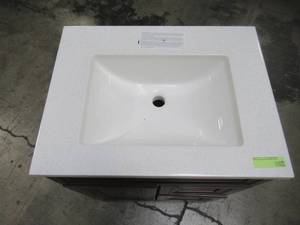lot 219 image: Home Decorators Collection Sedgewood 24-12 in. W Bath Vanity in Dark Cognac with Solid Surface Technology Vanity Top in Arctic with White Sink PPLNKDCG24D