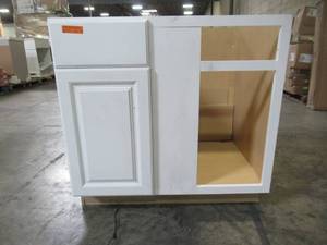 lot 303 image: Hampton Bay Assembled 36x34.5x24 in. Blind Base Corner Kitchen Cabinet in Satin White