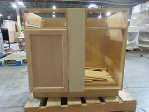 lot 304 image: Hampton Bay Assembled 36x34.5x24 in. Blind Base Corner Kitchen Cabinet Unfinished