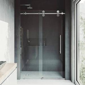 lot 111 image: VIGO Elan 60 to 64 in. x 74 in. Frameless Sliding Shower Door in Chrome with Clear Glass and Handle, VG6041CHCL6474. - Unclaimed Freight.