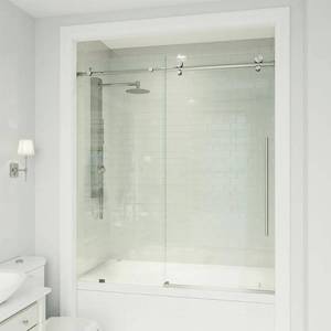 lot 112 image: VIGO Elan E-class 56 to 60 in. x 66 in. Frameless Sliding Tub Door in Stainless Steel with Clear Glass and Handle, VG6021STCL6066. - Unclaimed Freight.