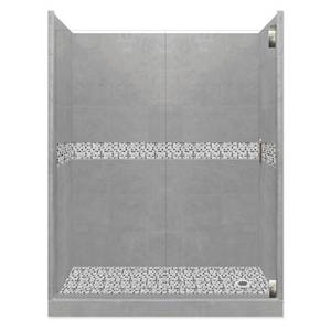 lot 121 image: American Bath Factory Del Mar Grand Hinged 34 in. x 60 in. x 80 in. Right Drain Alcove Shower Kit in Wet Cement and Satin Nickel Hardware, AGH-6034WD-RD-SN. Unclaimed Freight. OPENED ONLY FOR INSPECTION AND PHOTO