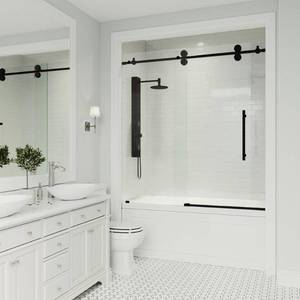 lot 110 image: VIGO Elan 56 to 60 in. x 66 in. Frameless Sliding Tub Door in ClearMatte Black with Clear Glass and Handle, VG6041MBCL6066 - Unclaimed Freight.