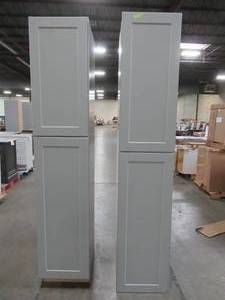 lot 102 image: (2) Hampton Bay Shaker Assembled Approximately 18x90x24 in. Pantry Kitchen Cabinets in Dove Gray - ScratchDentsCracked. NEED SOME TLC.