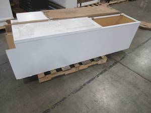 lot 105 image: (2) Hampton Bay Assembled 18 x 84 x 24 in. PantryUtility Kitchen Cabinets in Satin White - ScratchDentsCracked. NEED SOME TLC.