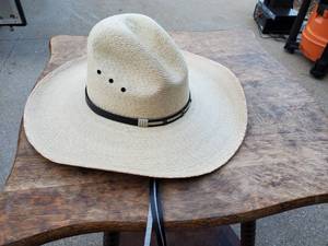 lot 23 image: Mexican Fine Palm. 4 12 inch pencil-curled brim. Faux leather trim.