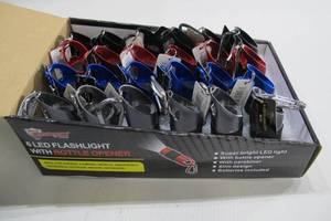 lot 535 image: 24-Pack MAX FORCE Mini 6 LED Flashlights with Bottle Opener - Assorted Colors