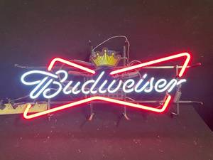 lot 3 image: Small, Budweiser Bowtie with crown neon sign