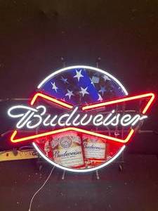 lot 11 image: Budweiser bowtie with round American flag neon