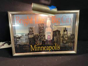 lot 74 image: Miller Lite Bright Lite, Big City Minneapolis shadowbox  mirror