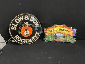 lot 90 image: Lot of 2 Sierra Nevada tin tacker and Slow & Low, Rock & Rye tin tacker