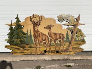 lot 99 image: Buck and doe masonite panel painted by artist Del Rich