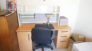 lot 72 image: Lot Contains Desk, Chair, Letter Holder, Lamp and Desk Shelf