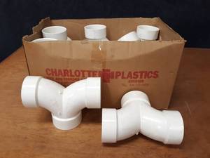 lot 1766 image: Lot of (8) 3 Double 90° PVC DWV Fittings
