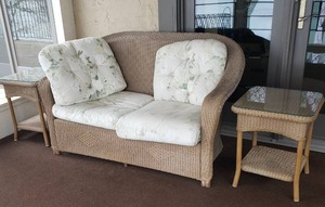 lot 35 image: Wicker Patio Loveseat and Matching Tables
