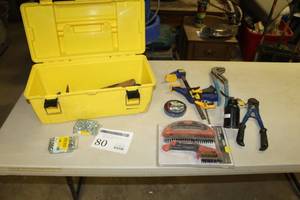 lot 80 image: Plastic Tool Caddy    with Hand Tools - Cutters, Oil Can, Irwin Slide Clamp, Wire Brush Set 3-pc, Misc. Hand Tools