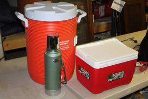 lot 113 image: Lot of (3) Coolers and Thermos    with Rubbermaid The Home Depot Drinking Water Cooler, Igloo Cooler 9 Qt, Stanley Thermos