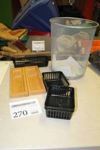 lot 270 image: Lot of (7) Office Supplies    with Drawer Organizers (x6), Waste Basket (x1)