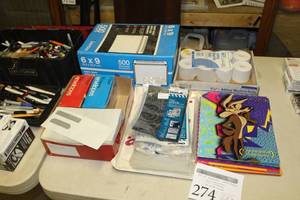 lot 274 image: Lot of Office Supplies    with Envelopes (various size), Adding Machine Paper Rolls, Vinyl Lettering, Kid Themes Folders