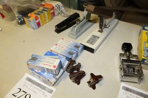 lot 279 image: Lot of (12) Office Supplies    with Staplers (x3), Staple Removers (x3), Staples (x6 boxes)