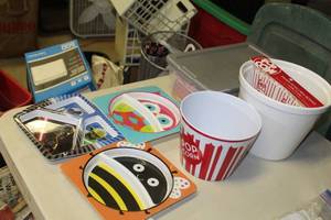 lot 123 image: Lot of (2) Popcorn Buckets    with Kids Plates (x3), Extra Bags and Boxes