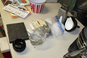 lot 124 image: Lot of Kitchenwares    with Funnels, Sifters, Measuring Cup, Flatware Set (in case), Cheese Grater