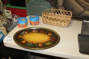 lot 135 image: Lot of (4) Kitchenwares    with Platter (x1), Wicker Basket (x1), Decorative Tins (x2)