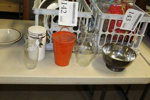 lot 141 image: Lot of (5) Kitchenwares    with Vases (x2), Jar w Lid (x1), Bowl Silver (x1), Vase Orange (x1)