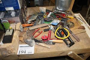 lot 194 image: Hand Tools    with Hammers, Hatchet, Screwdriver, Scrapers, Pry Bar, Pliers, Wood Shims, Gas Shut-Off Valve, Misc. Hand Tools
