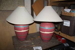 lot 191 image: Lot of (2) Table Lamps Red w CreamGreenBlack Accents 28H    with White Shade