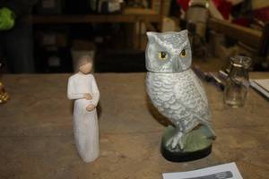 lot 182 image: Lot of (2) Home Dcor    with Owl Flask, Woman Figurine