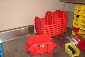 lot 293 image: Lot of (15) Plastic Parts Organizer Storage Trays Red 15Lx9Wx 6-12H