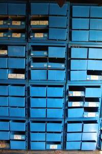 lot 265 image: Lot of (4) Metal Parts Organizer Storage Cabinets 6-drawer Blue 13Lx 10-12Wx13H