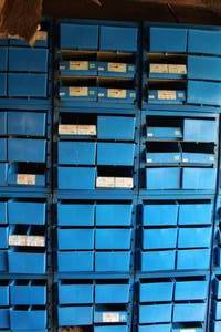 lot 257 image: Lot of (4) Metal Parts Organizer Storage Cabinets 6-drawer Blue 13Lx 10-12Wx13H
