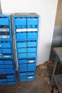 lot 256 image: Lot of (4) Metal Parts Organizer Storage Cabinets 6-drawer Blue 13Lx 10-12Wx13H