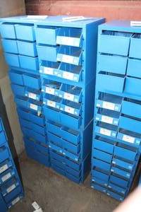 lot 258 image: Lot of (4) Metal Parts Organizer Storage Cabinets 6-drawer Blue 13Lx 10-12Wx13H