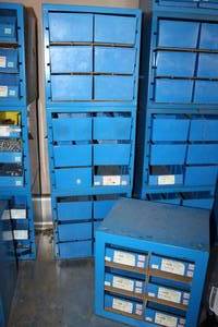 lot 263 image: Lot of (4) Metal Parts Organizer Storage Cabinets 6-drawer Blue 13Lx 10-12Wx13H