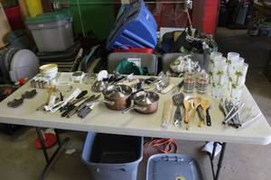 lot 324 image: Kitchenwares    with Knives, Glasses, Pots, Tongs, Can Openers, Napkin Holders, Cooking Utensils, Glasses, Spatulas, Spoons, Misc. Kitchenware