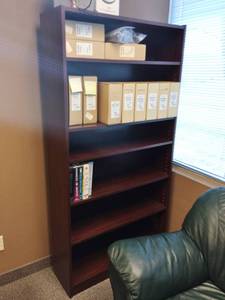 lot 24 image: MSRP $900 High Quality HON Executive Office Mahogany Finish 6 Level Bookcase Shelving Unit - Made To Last More Than A Life Time - Excellent Condition  Contents Not Included Matches Other Pieces In This Auction