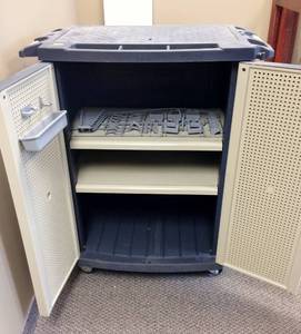 lot 54 image: MSRP $500 Workforce Multi-Purpose 3 Shelf Plastic Storage Cabinet On Locking Wheels - Can Be Locked With Padlock - Great Condition...A little Dusty...  