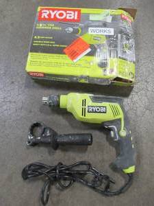 lot 32 image: RYOBI 6.2 Amp 58 in. Variable Speed Reversible Hammer Drill, D620H - Used. Missing depth rod.