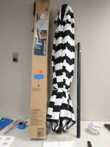 lot 51 image: HAMPTON BAY 9 ft. Aluminum Market Crank and Tilt Patio Umbrella in Black and White Cabana