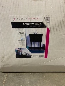 lot 4 image: TEHILA COMPLETE 22.875 IN. X 23.5 IN. BLACK 19  GAL. UTILITY SINK SET WITH NON-METALLIC CHROME FINISH PULL-OUT FAUCET. SEE PICTURES