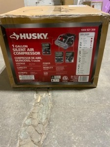lot 18 image: HUSKY 1 GAL. PORTABLE ELECTRIC-POWERED SILENT AIR COMPRESSOR. SEE PICTURES