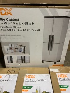 lot 41 image: ASSORTED HDX CABINET, SHELVING, AND ACCESSORIES VARIOUS CONDITIONS. SEE PICTURES