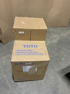 lot 61 image: TOTO ECO ULTRAMAX 1-PIECE 1.28 GPF SINGLE FLUSH ELONGATED TOILET IN COTTON WHITE. SEE PICTURES
