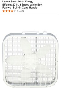 LASKO SAVE-SMART ENERGY EFFICIENT 20 IN. 3 SPEED WHITE BOX FAN WITH BUILT-IN CARRY HANDLE. SEE PICTURES